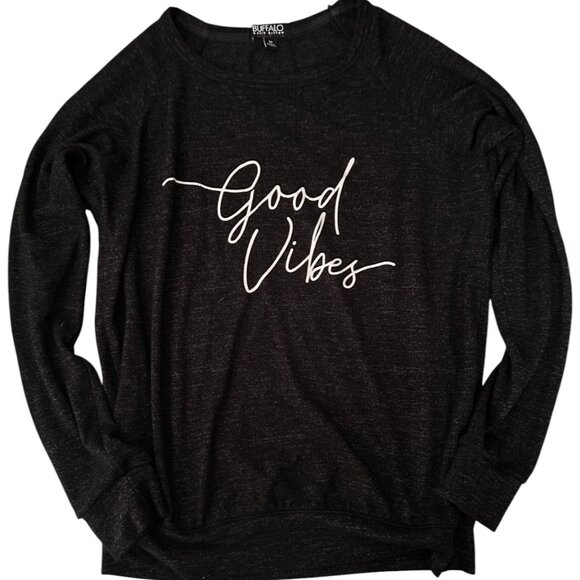 💞Price Drop💞 BUFFALO WOMEN GOOD VIBES LIGHT WEIGHT BLACK SWEATER TOP XS - Picture 1 of 2
